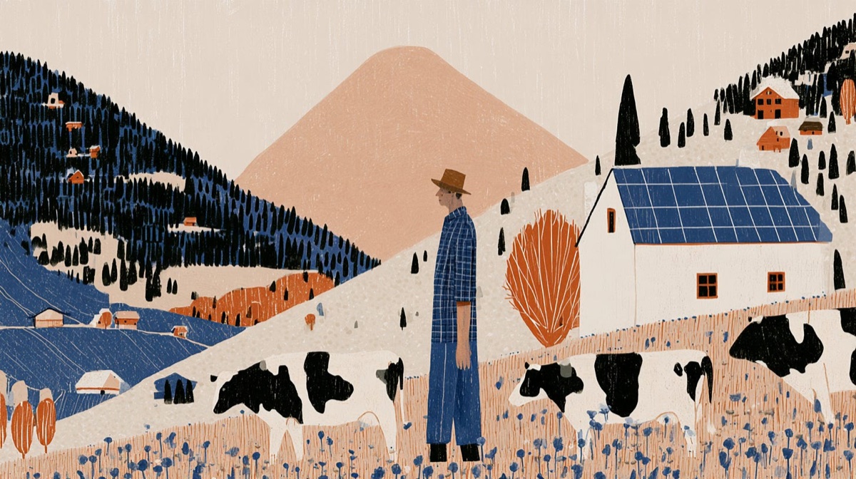 Illustration: Ein Bauer steht auf einer Bergwiese in Südtirol zwischen Kühen, dahinter ein Hof mit Photovoltaik-Dach.